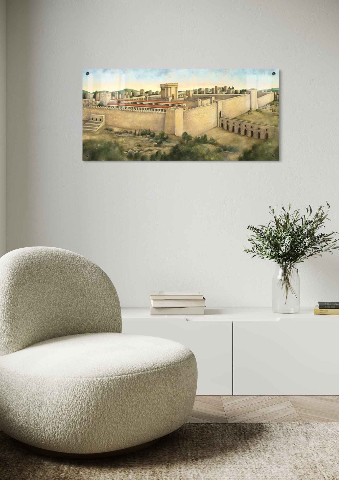 דגם בית המקדש בהרי ירושלים בהדפסה על זכוכית