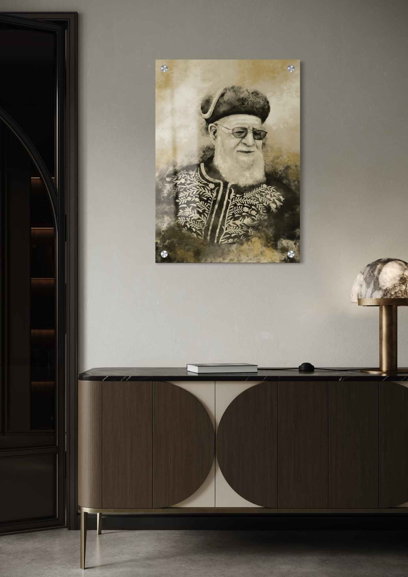 דגם הרב עובדיה יוסף – שחור סהרה זהב בהדפסה על זכוכית