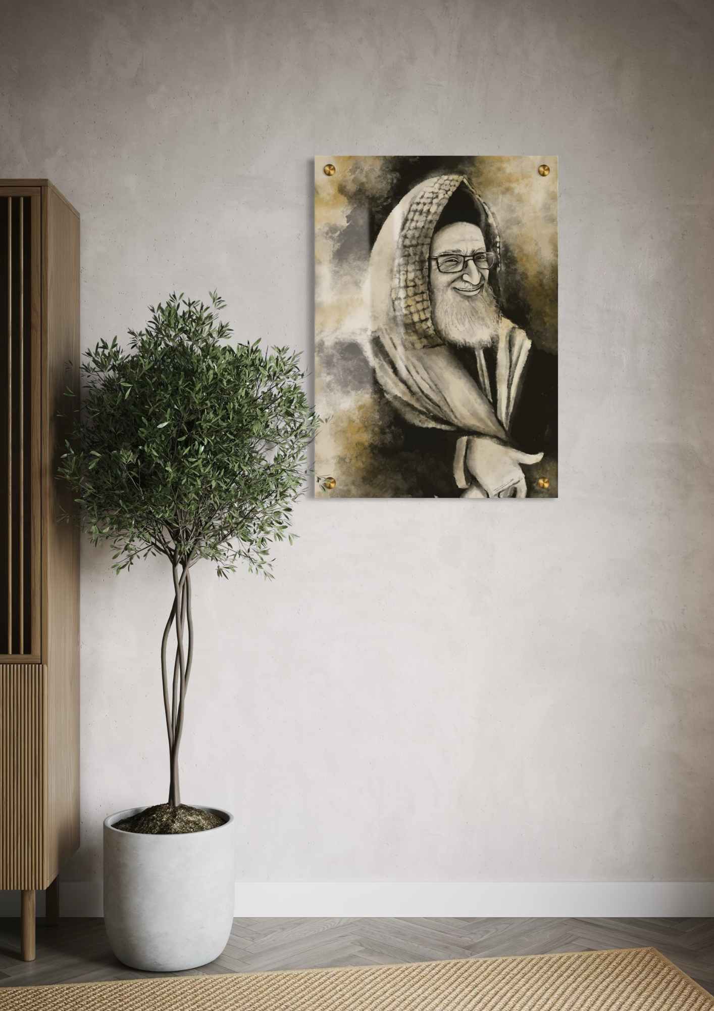 דגם הרב מרדכי אליהו - שחור סהרה זהב - בהדפסה על זכוכית